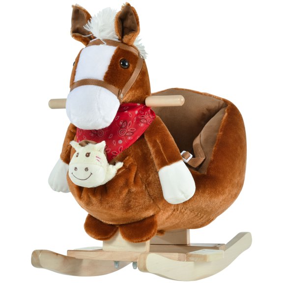 Toddler Rocking Horse with Music & Hand Puppets, Wooden Base & Safety Belt for 18-36 Month Kids, Brown