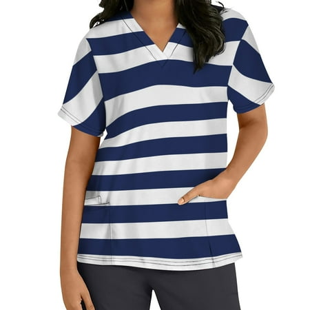 

qucoqpe Womens Plus Size Scrubs Tops Short Sleeve V-neck Tops Working Uniform Stripe Print With Three Pockets Blouse Casual Nurse Shirts Scrubs on Clearance