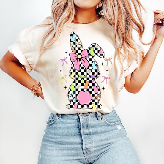 Retro Easter Bunny Coquette T-Shirt, Pink Bow Easter Tee, Checkered Spring Shirt, Floral Happy Easter Shirt, Cute Girls Easter T-Shirt