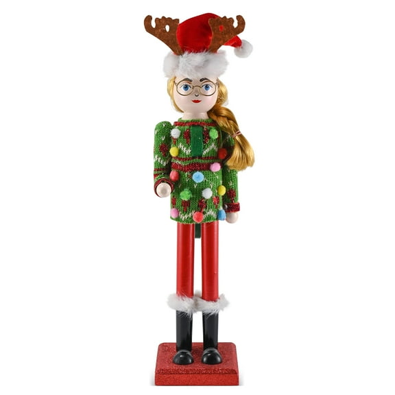 Ornativity Christmas Ugly Sweater Nutcracker with an Ugly Sweater & Reindeer Hat Red, Green Wooden