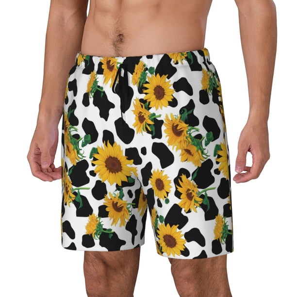 Balery Cute Cow Print Sunflower A Bañador para hombre, shorts de playa de secado rápido con entrepierna y forro de compresión-XX-Large