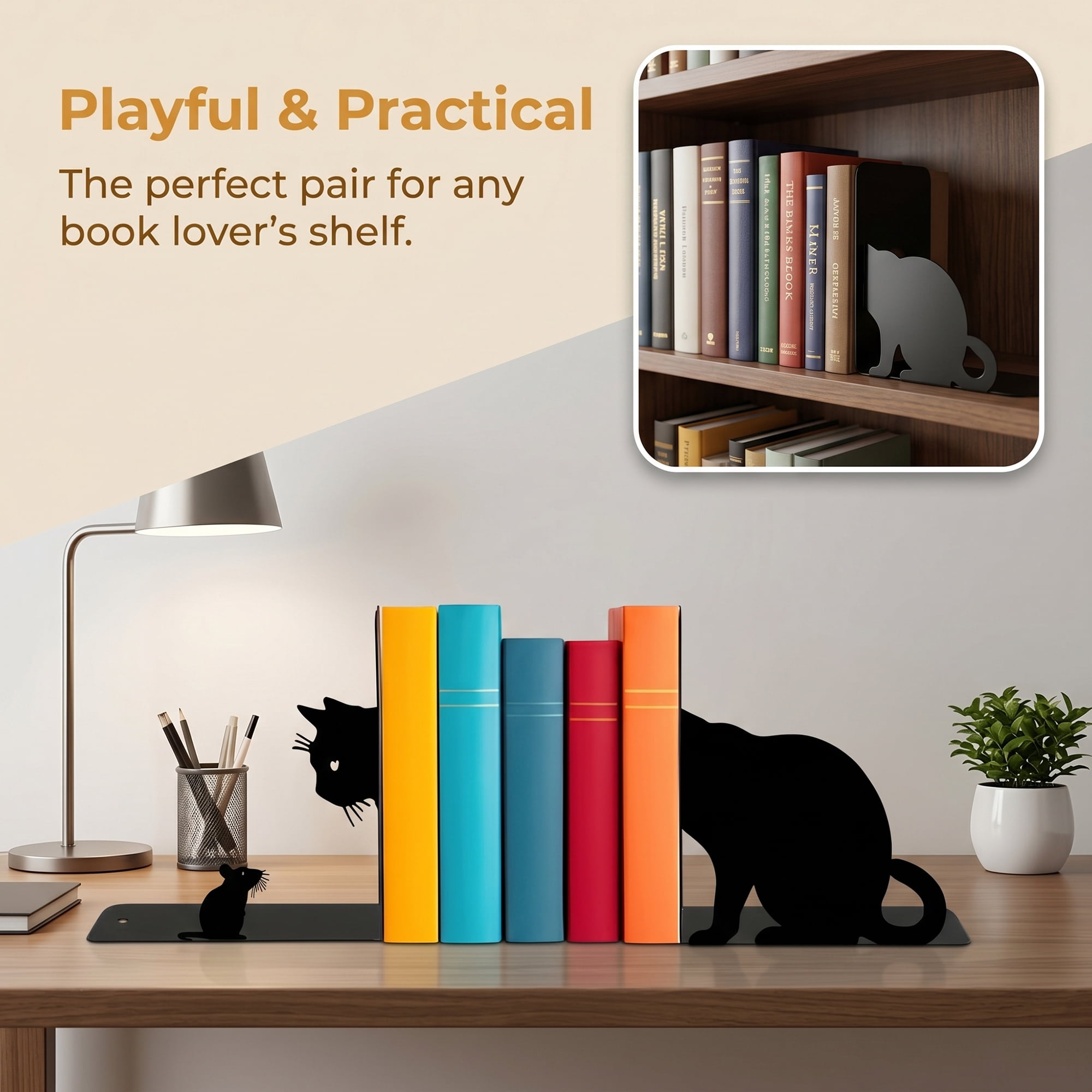 Unique Bargains 2Pcs Decorative Cartoon Metal Bookends Black 5.9*3.1*5.9inch
