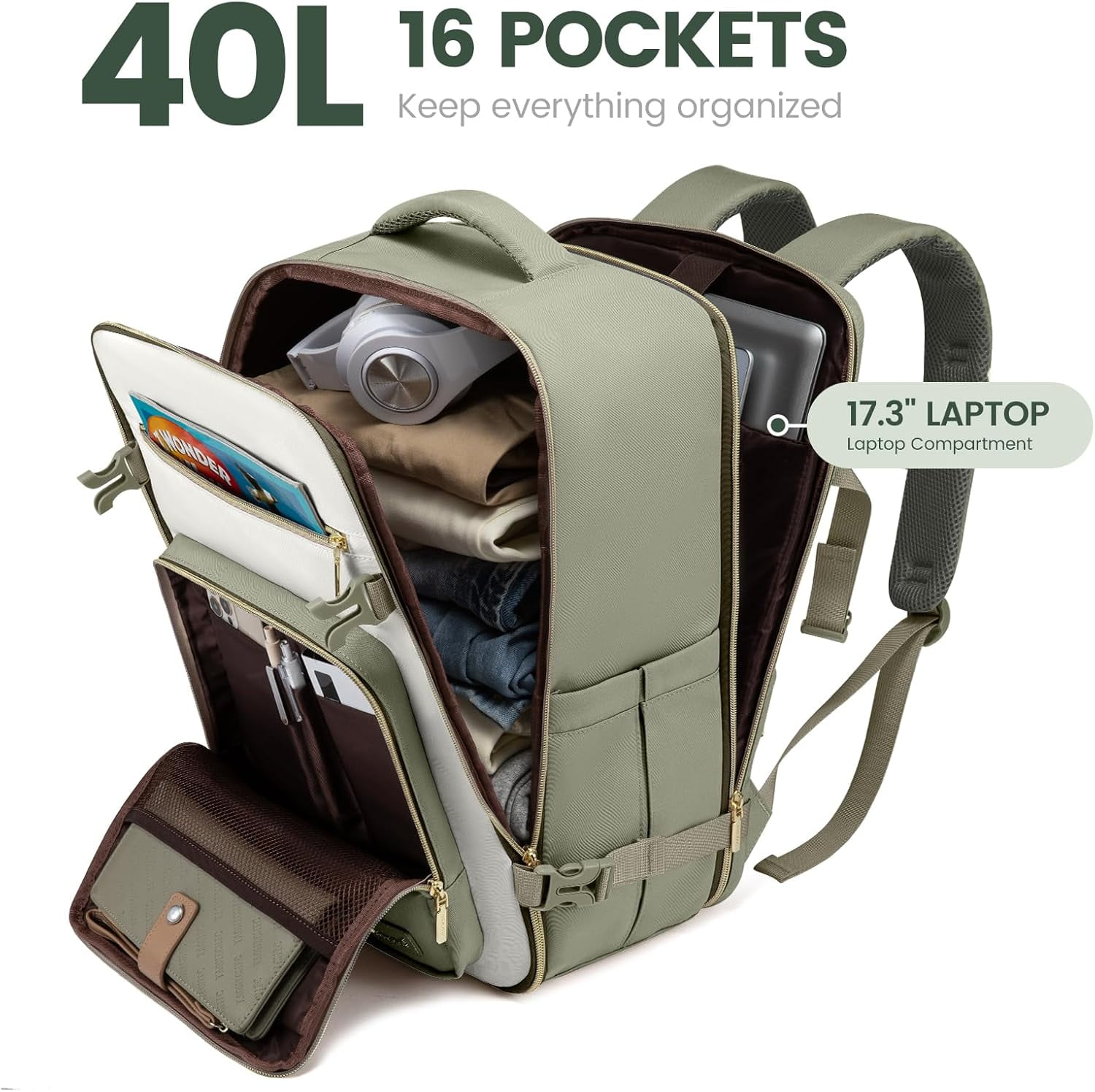 LOVEVOOK Travel Backpack For Women,50L Carry On Backpack Flight Approved,TSA Personal Item Travel Bag Fits 18 Inch Laptop,Business Weekender Overnight Daypack with Toiletry Bag and Cube,White brown