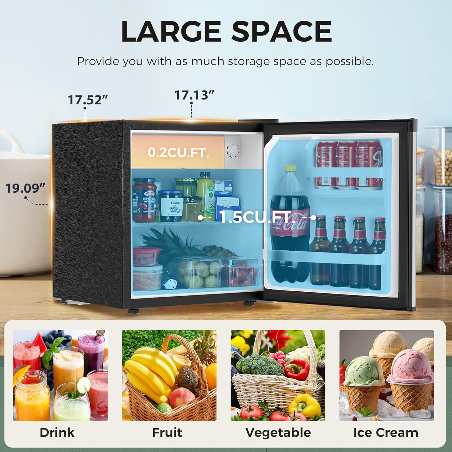 WAA 1.6 Cu.Ft Small Refrigerator with Freezer 7 Temp Settings,Energy-Efficient, Low Noise For Dorm,Office,Bar,RV,Bedroom