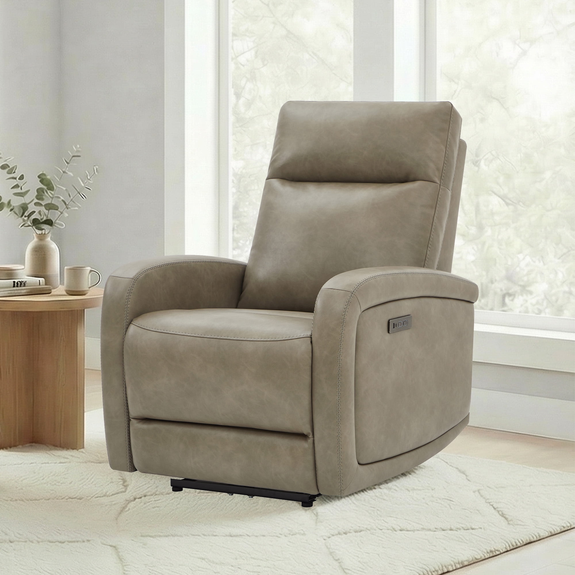 Spruce & Spring Zero Wall Hugger Power Recliner for Compact Spaces, Gray-Faux Leather