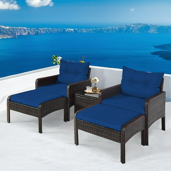 Gymax 5PCS Patio Set Sectional Rattan Wicker Furniture Set w/ Navy Cushion