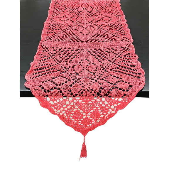 Handmade Crochet Lace Design Cotton Table Runner with Tassels 16"x72" (Coral)
