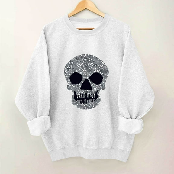 NSLGXD Womens Halloween Crewneck Sweatshirts Cute Skull Long Sleeve Pullover Tops Casual Lightweight Shirts