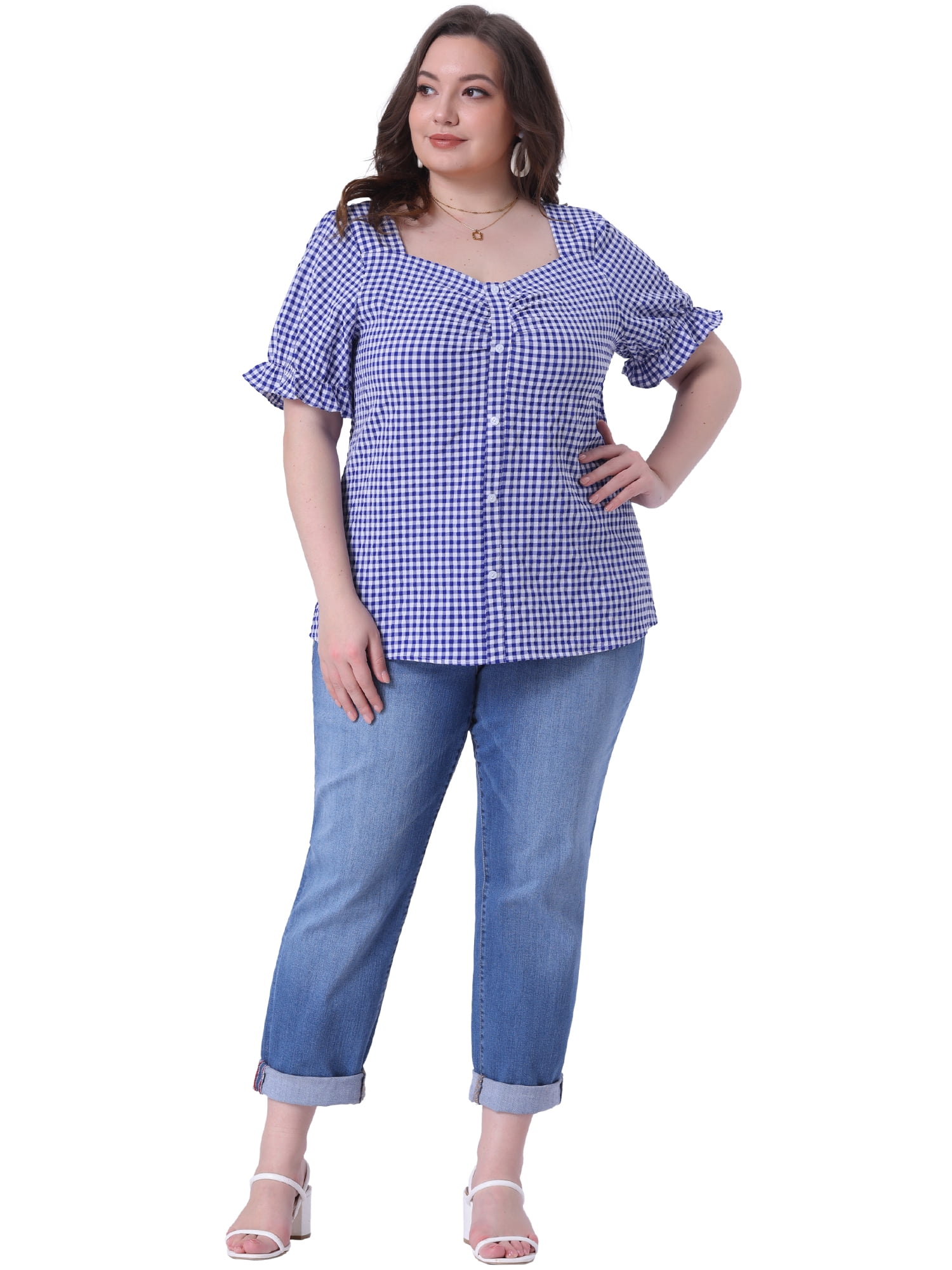 DARING DIVA Women's Plus Size Sweetheart V Neck Puff Short Sleeve Blouse 4X Royal Blue