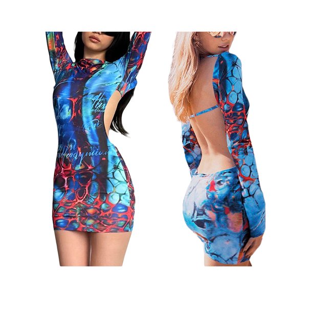 Txlixc Vestido ajustado para mujer, manga larga, cuello barco, sin espalda, estampado gráfico, ajustado, vestido de fiesta de cóctel Txlixc Moda