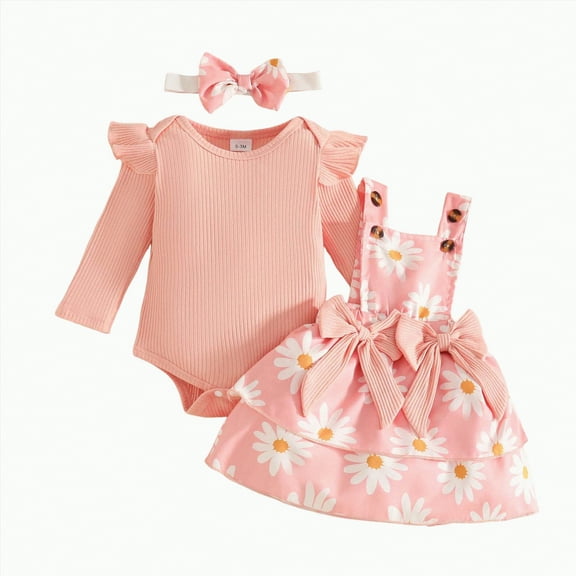 CAICJ98 Newborn Baby Girl Clothes Fall Winter Overall Dress Outfits Long Sleeve Ribbed Romper Top Infant Skirt Set (Red,3-6 Months)