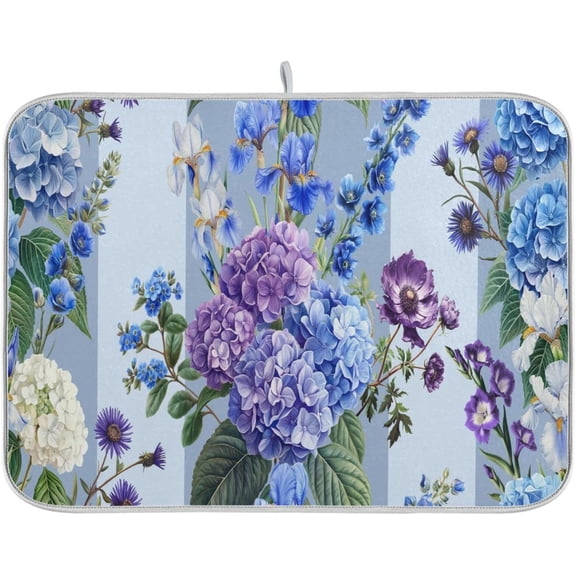 Dish Drying Mat ,Blue Purple Gardens Flowers Kitchen Counter Absorbent Coffee Sink Mat Dish Drainer Pad 18 Inch x 16 Inch