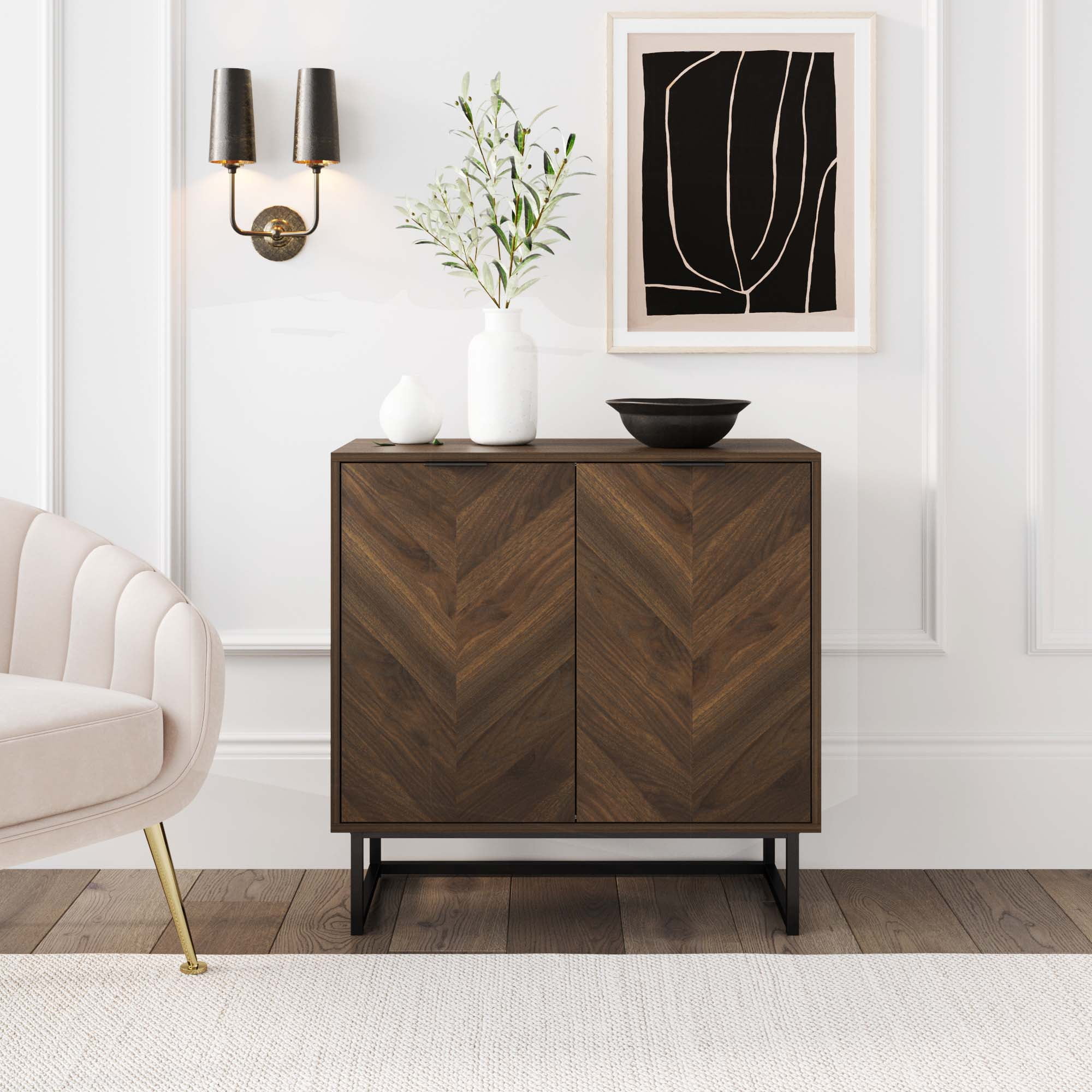 Nathan James Enloe Walnut Rustic Doors Black Metal Frame Base Modern Accent Storage Cabinet for Entryway