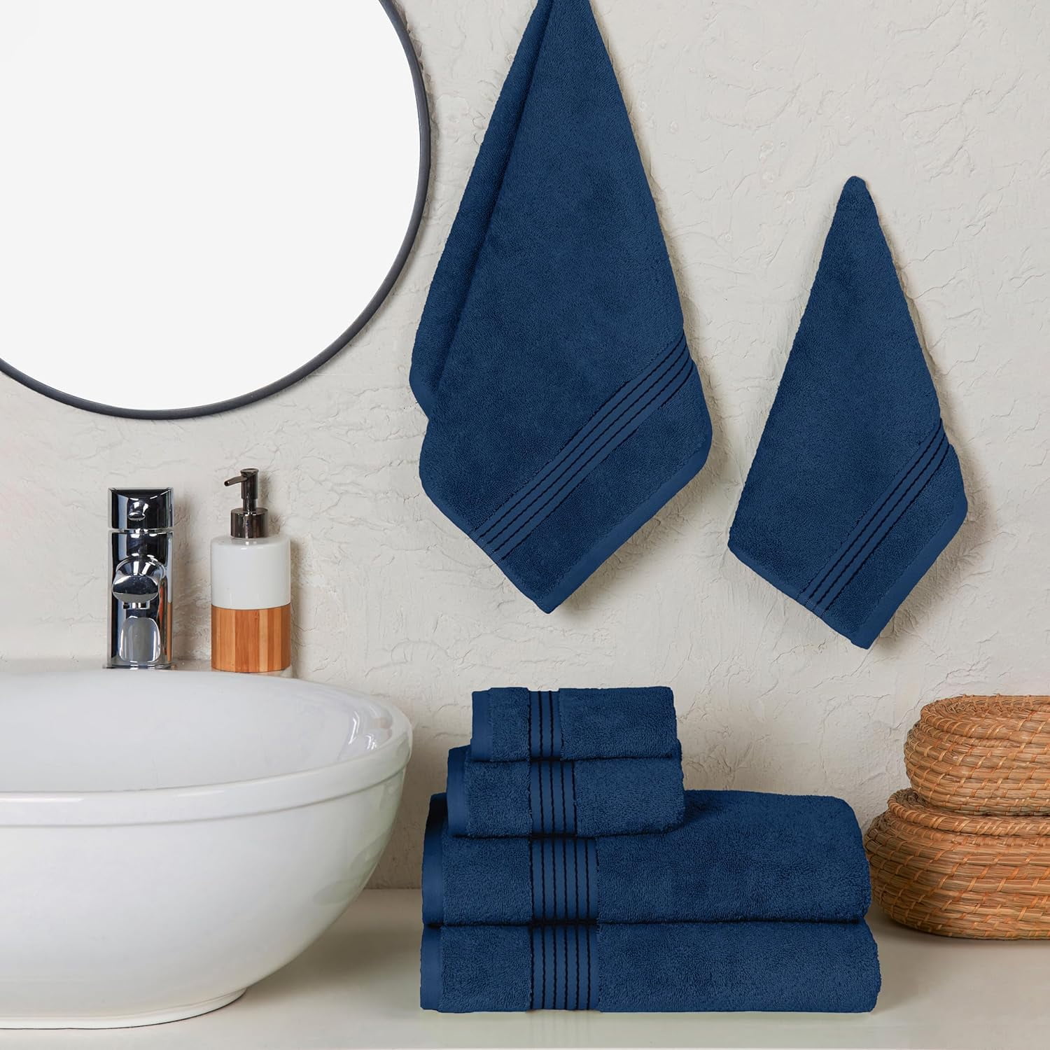 6-Piece Cotton Towel Set, Includes 2 Bath Towels, 2 Hand Towels, and 2 Washcloths, Highly Absorbent, Navy