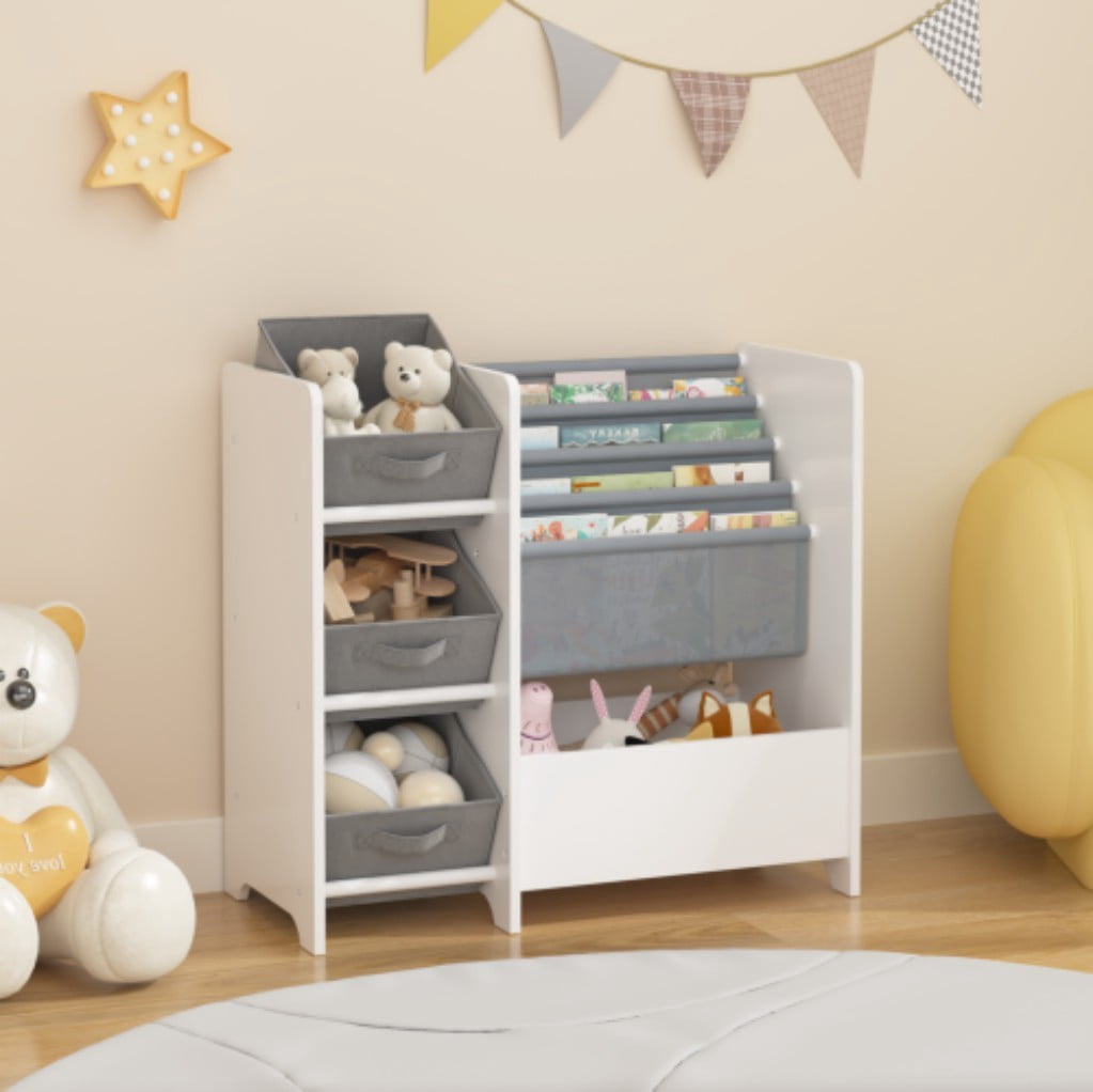 Kids Bookshelf and Toy Storage Organizer, 4-Tier Children's Bookcase with 3 Collapsible Fabric Drawers, Tilted Book Display Shelves for Playroom, Nursery & Bedroom
