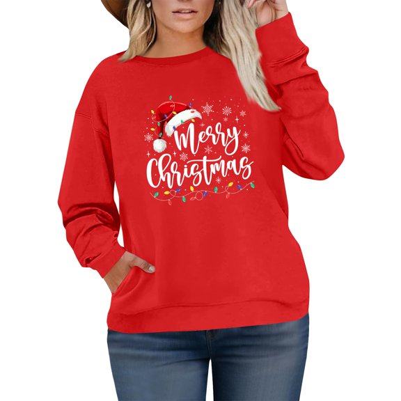 Women's Plus Size Christmas Printed Sweatshirt, Long Sleeve Casual Pullover Top, MERRY CHRISTMAS Graphic Fashion Hoodie,Red,L