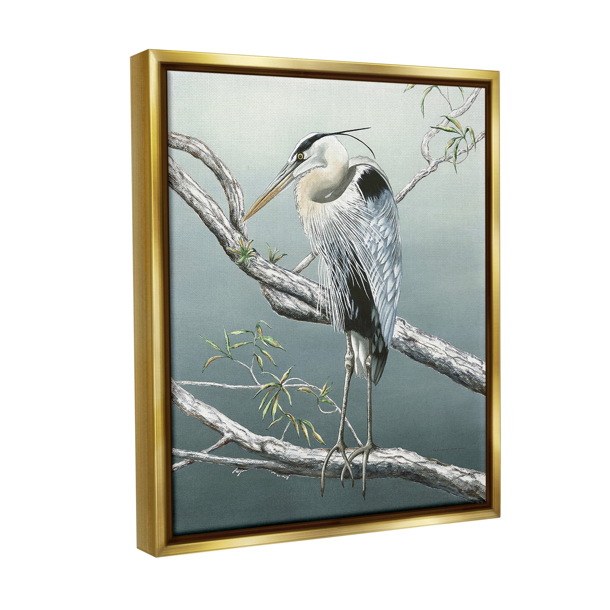 Stupell Industries Traditional Heron on Branch Animals & Insects Painting Gold Floater Framed Canvas Art Print Wall Art, 17 x 21