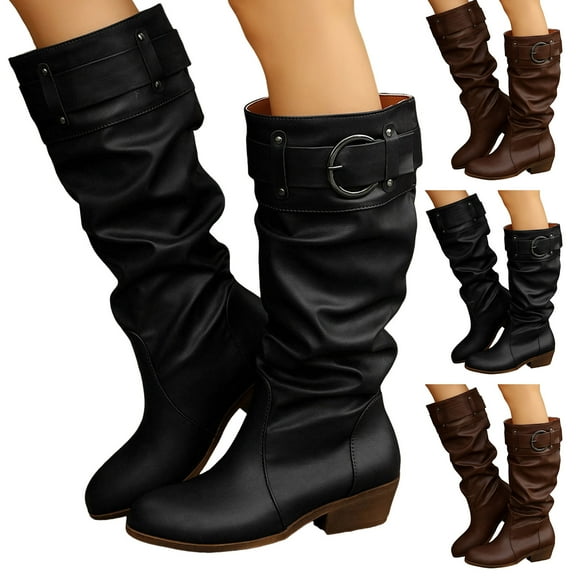 Dakaela Women's Knee High Boots Wide Calf Slouchy Western Boots Buckle Chunky Heel Cowboy Riding Tall Boot Black 6.5