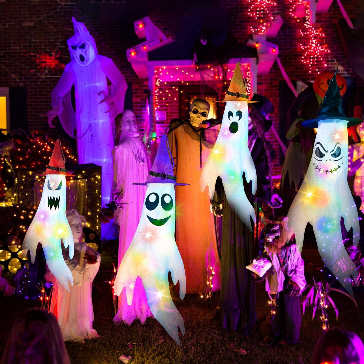 4Pcs Hanging Ghost Windsocks with Witch Hats LED String Lights Halloween Outdoor Decor