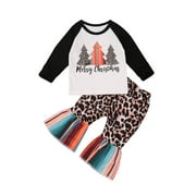 Seyurigaoka 2 Pieces Girl’s Christmas Themed Suit O-neck Long Sleeve Tree Print Top Leopard Print Long Flared Trousers