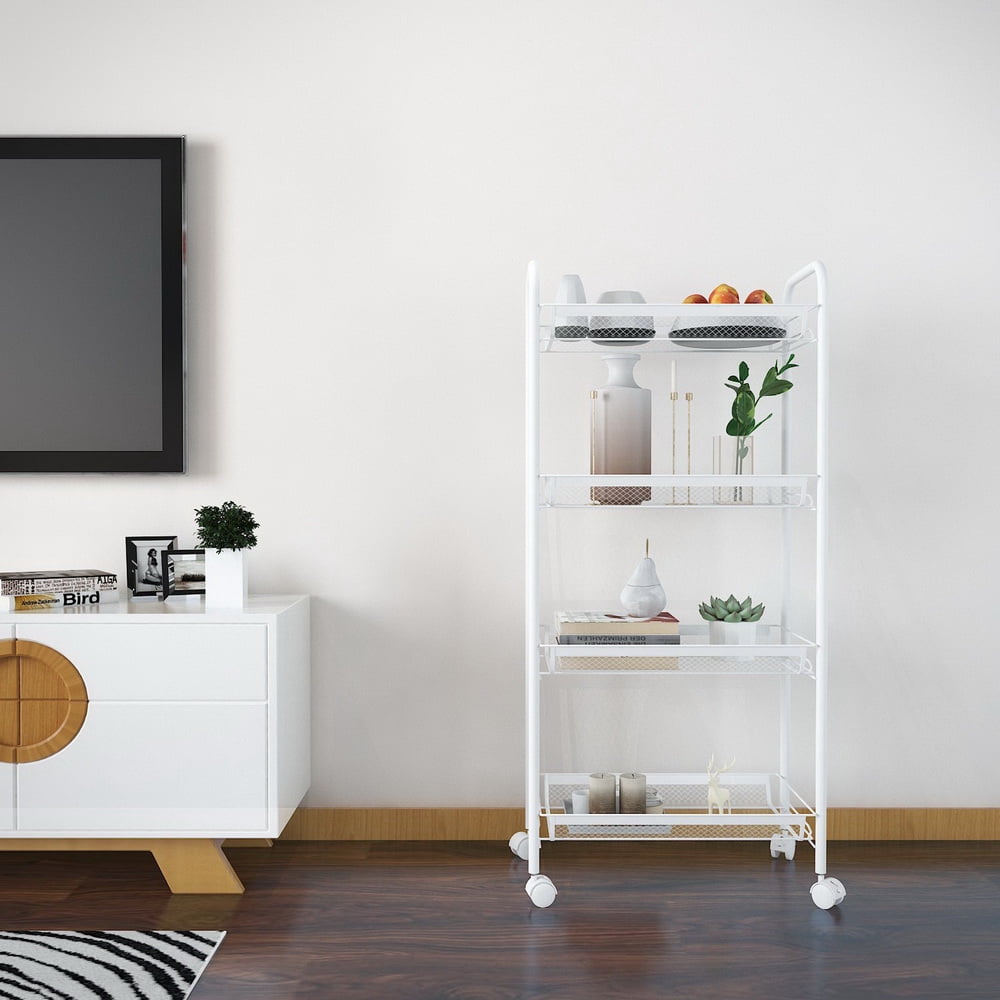 Kepooman 4-Tier Mesh Wire Rolling Cart with Hook Ivory, White Kepooman 4-Tier Mesh Wire Rolling Cart with Hook Ivory, White