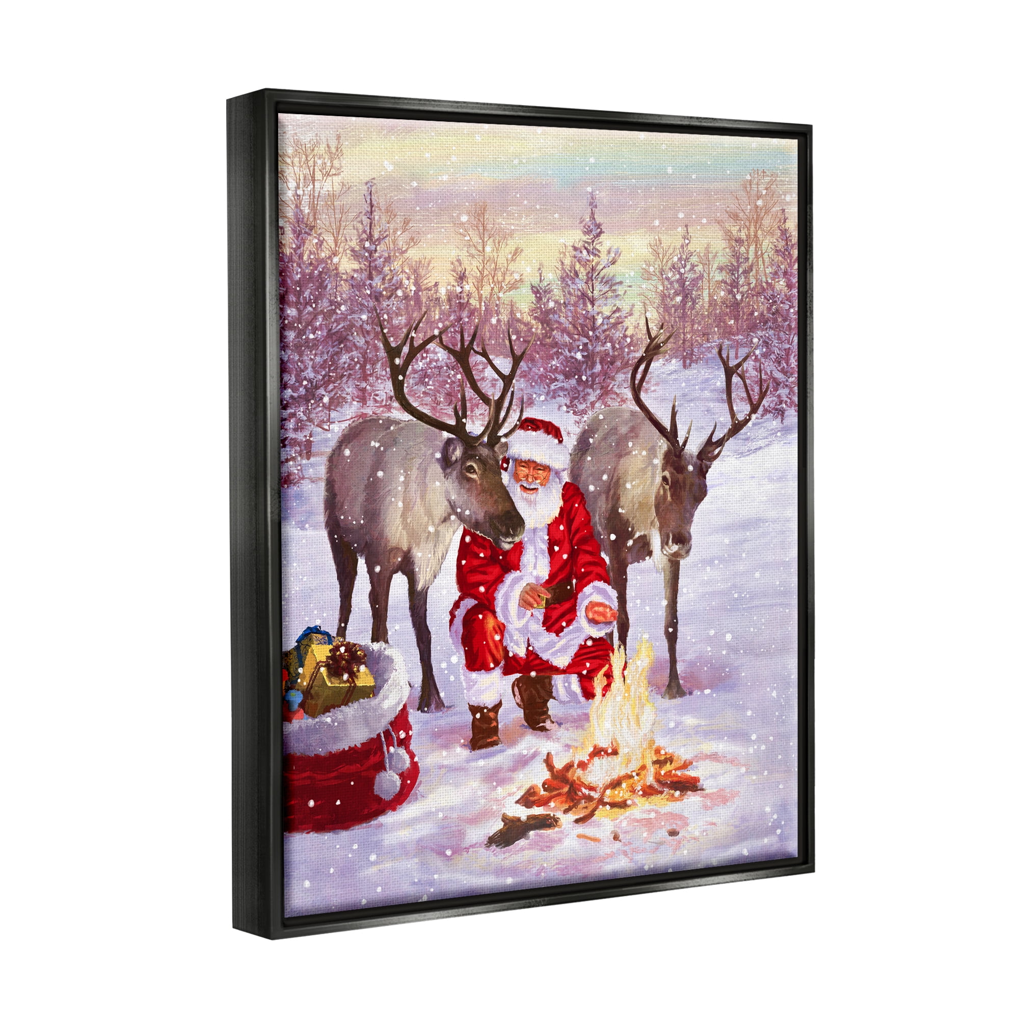 Stupell Industries Santa & Reindeer Bonfire Scene Holiday Painting Black Floater Framed Art Print Wall Art