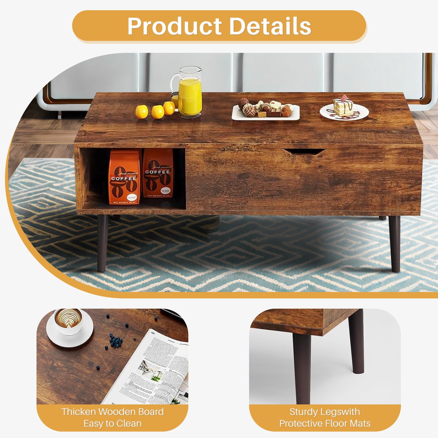 Coffee Table, Lift Top Coffee Tables for Living Room, Small Modern Wooden Center Tables with Storage Shelf and Hidden Compartment