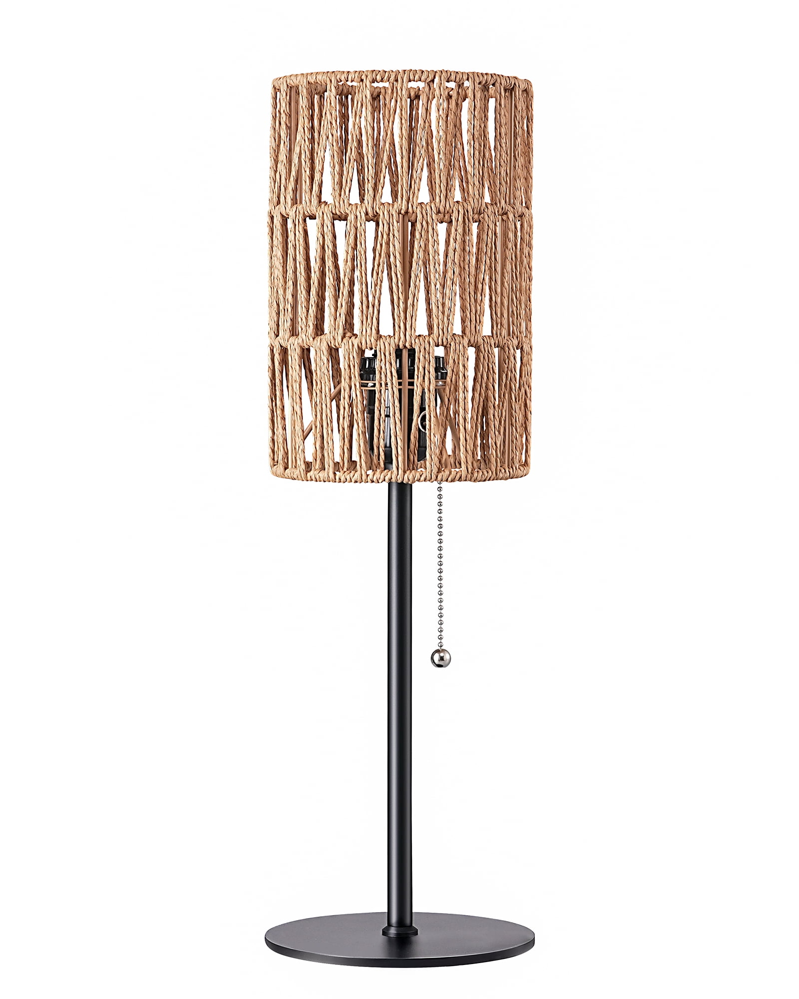 EDISHINE Table Lamp with Rattan Lampshade, Pull-Chain Switch, Metal Base Boho Bedside Nightstand Lamp for Bedroom, Living Room, Office