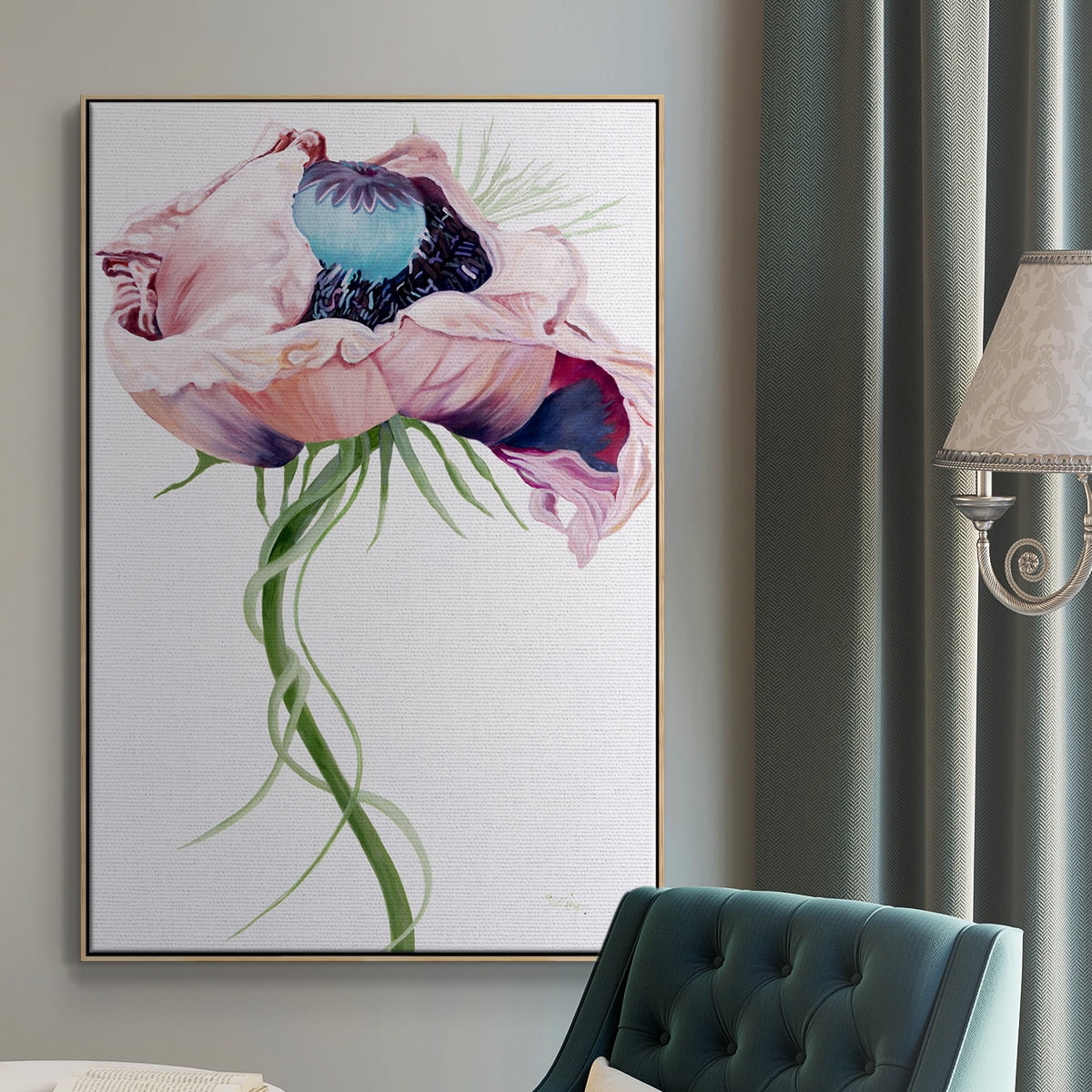 Paris Poppy II Framed Premium Gallery Wrapped Canvas - Ready to Hang - 27 x 41 - Natural Wood Floating Frame