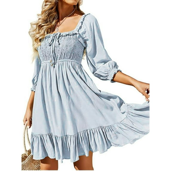 Liacowi Women Juniors Girl Mini Dress 3/4 Sleeve Square Neck Pleated Lacing Casual Daily Summer Dress