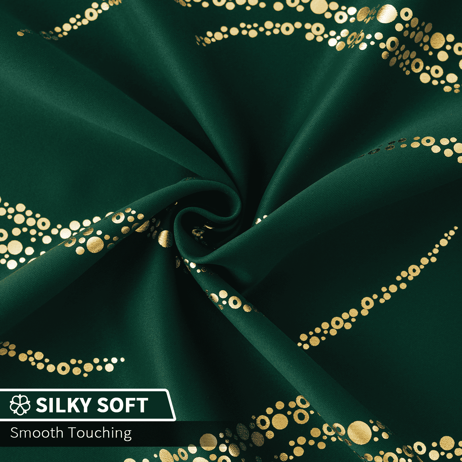 Yakamok Blackout Curtains for bedroom - Wave Line with Dots Gold Print Design Noise Reducing Thermal Insulated Ring Top Blackout Window Drapes for Livingroom (2 Panels, 52 x 84Inch, Emerald Green)