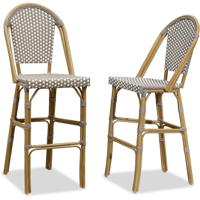 PURPLE LEAF Set of 2 French Outdoor Bar Height Bar Stool Bamboo Print Finish Back Rattan Wicker Patio Outdoor Bar Height Bar Stools with Footrest, Grey