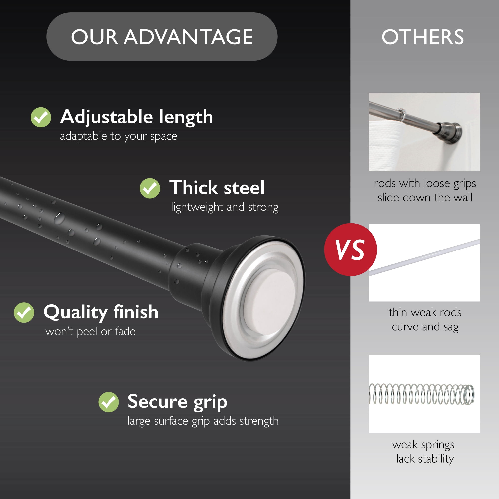 Design House Classic Steel Adjustable 42"-72" Tension Shower Rod, Matte Black