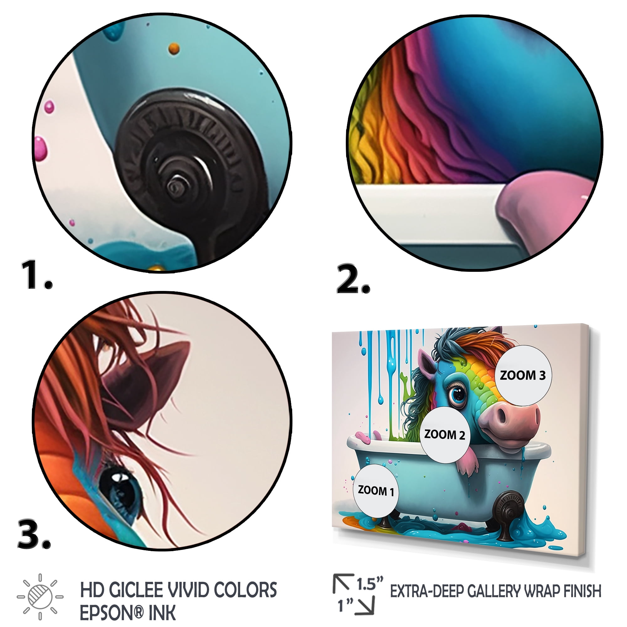 Designart Funny Rainbow Horse Splashing In The Tub II Canvas Wall Art