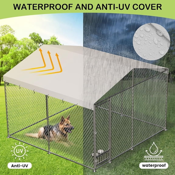 Historyli Outdoor Dog Kennel-10 x 10 FT Outside Heavy Duty Dog Playpen with Waterproof Cover Roof-Chain Link Metal Dog Cage with Lockable Door,Large Dog House Dog Run