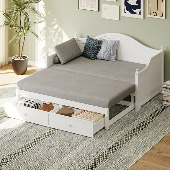 Twin Size Wooden Daybed with Pop-Up Trundle & Storage Drawers, Extendable Guest Bed Frame for Bedroom or Living Room, White