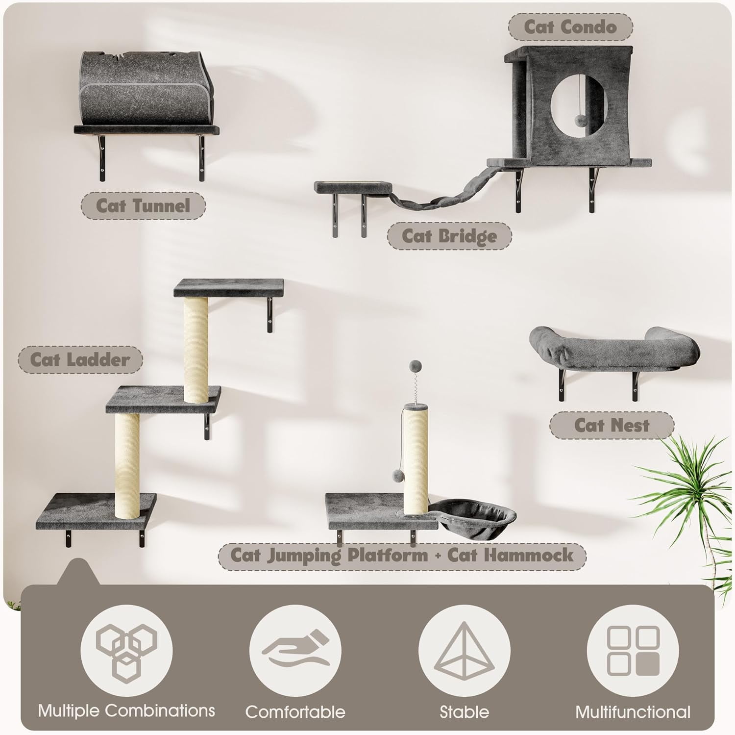 SONGMY 7-in-1 Wall Mounted Cat Climber Set, Cat Furniture Set with House, Bridge, Tree, Steps, Scratcher, DIY Playground, Shelves for Indoor Wall Furniture Set - Dark Gray