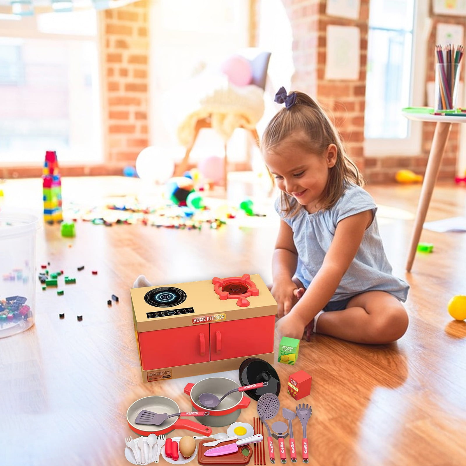 Pretend Play Toys for Toddlers Educational Home Kitchen Kids Toy Kitchen Set 33 PCS Pretend Play Cooking Set with Interactive Cooktop Realistic