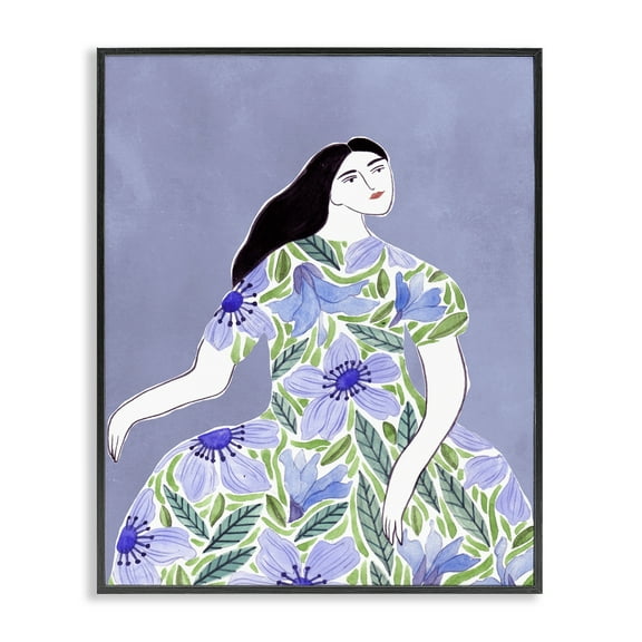 Stupell Industries Woman in Blue Floral Gown People Painting Black Framed Art Print Wall Art, 11 x 14