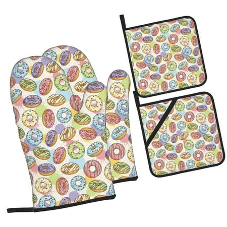 

Pofeuu Glazed Donuts Print Oven Mitts and Pot Holders 4 pcs Set High Heat Resistant 500 Degree Extra Thicken Long Kitchen Cotton Oven Glove for Cooking