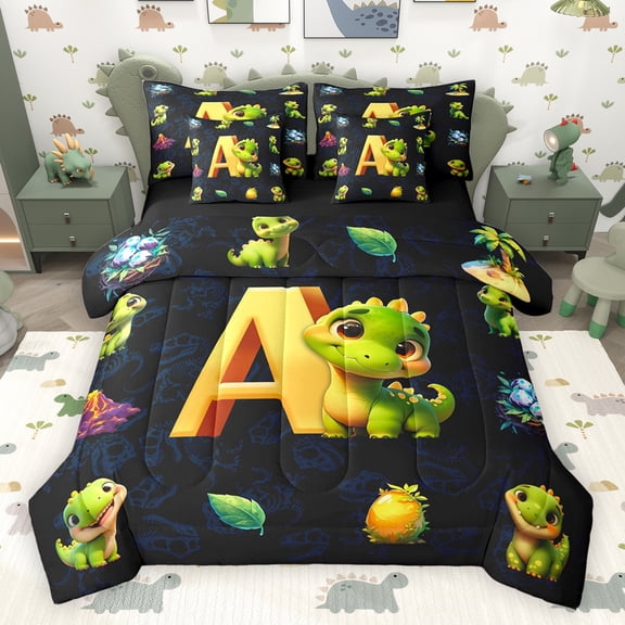 Erosebridal Kids Dinosaur Twin Bedding Sets for Boys Girls, Dino Letter A Bedding Comforter Set, Black Reversible 7pcs