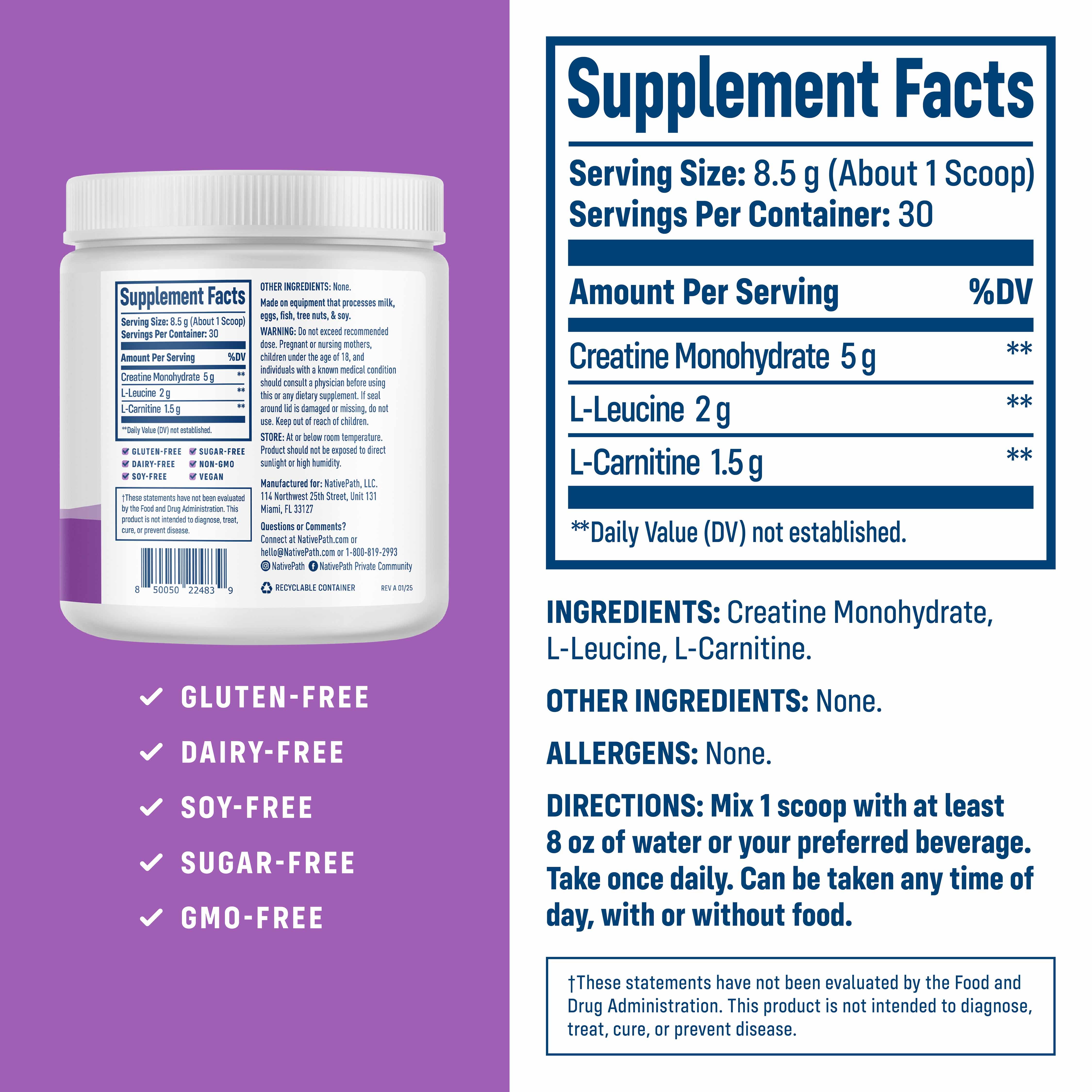 NativePath Creatine Monohydrate Powder with L-Leucine and L-Carnitine, Unflavored, 30 Servings