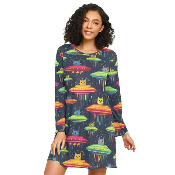 FORMRS Womens Long Sleeve Nightgowns Crew Neck Sleep Shirt Soft Pajamas Sizes S-3XL, Colorful Space Cat