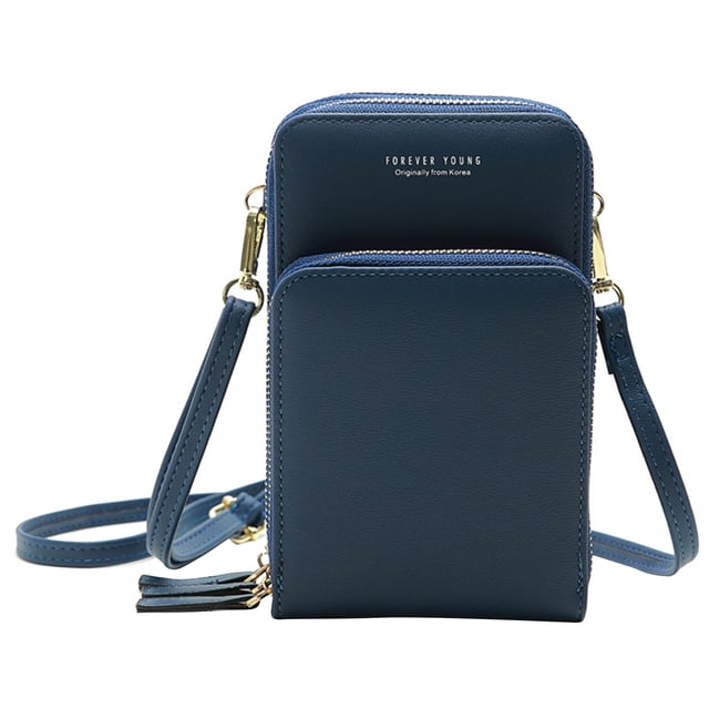 Sac Bandoulière Mini Bleu Foncé Décontracté pour Femmes avec Sangle Amovible Réglable, Matériau PU Imperméable et Polyester, Fermeture Éclair, Design Multi-Poches pour Téléphone Portable, Carte d'Identité, Clés - Idéal pour