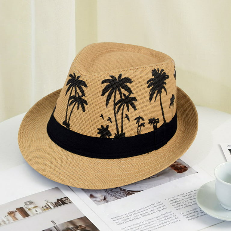 Waroomhouse Men Beach Hat Breathable Short Brim Tree Print Contrast Color  Flat Top Sun Protection Lightweight Outdoor Travel Jazz Hat Headwear 