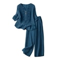 thumbnail image 2 of Womens 2 Piece Sets Cotton Linen Boho Embroidered Tops Wide Leg Palazzo Pants Matching Summer Casual Gauze Outfits,Navy,L, 2 of 9