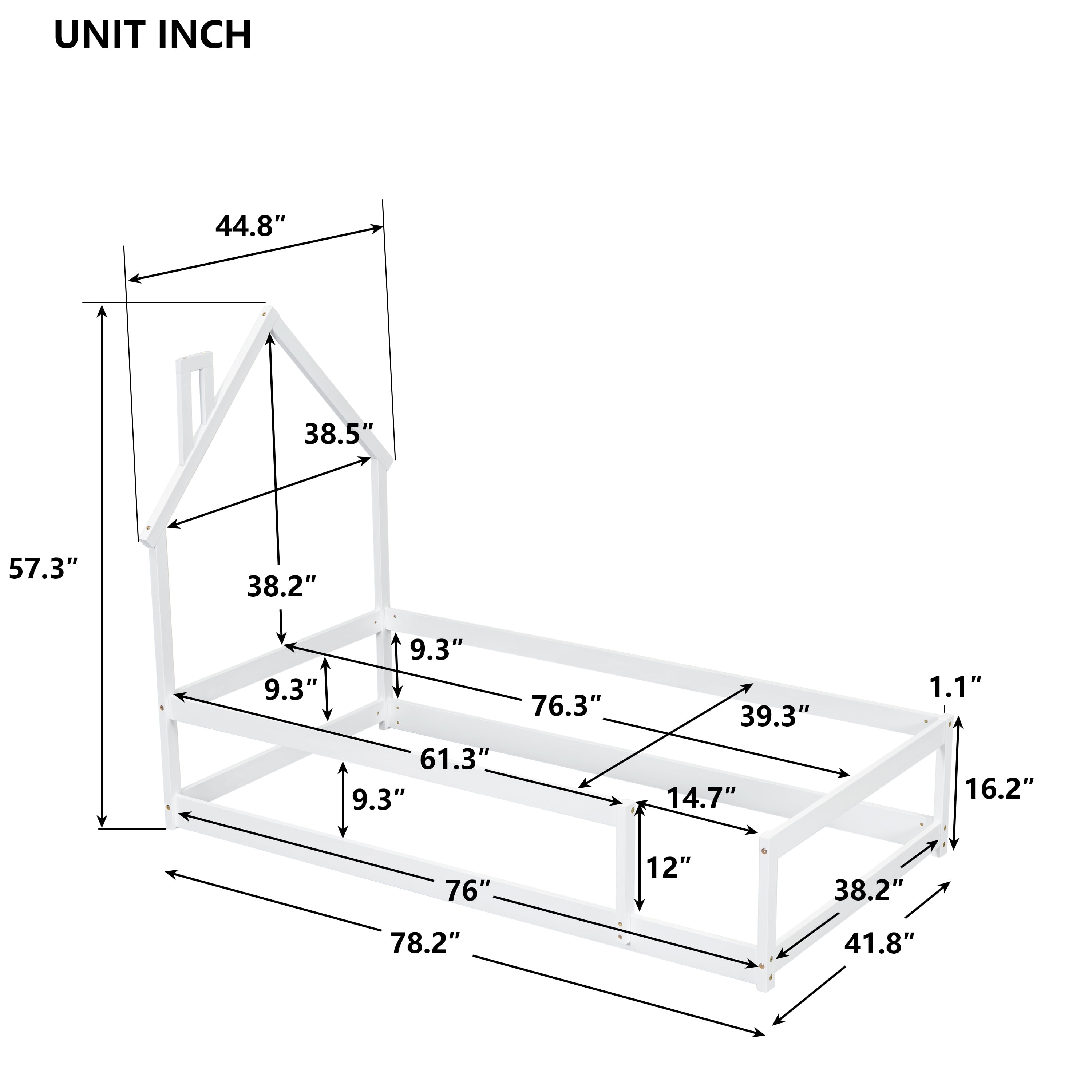 Euroco Wood Twin Size Daybed, House Floor Bed with Fence for Bedroom, White