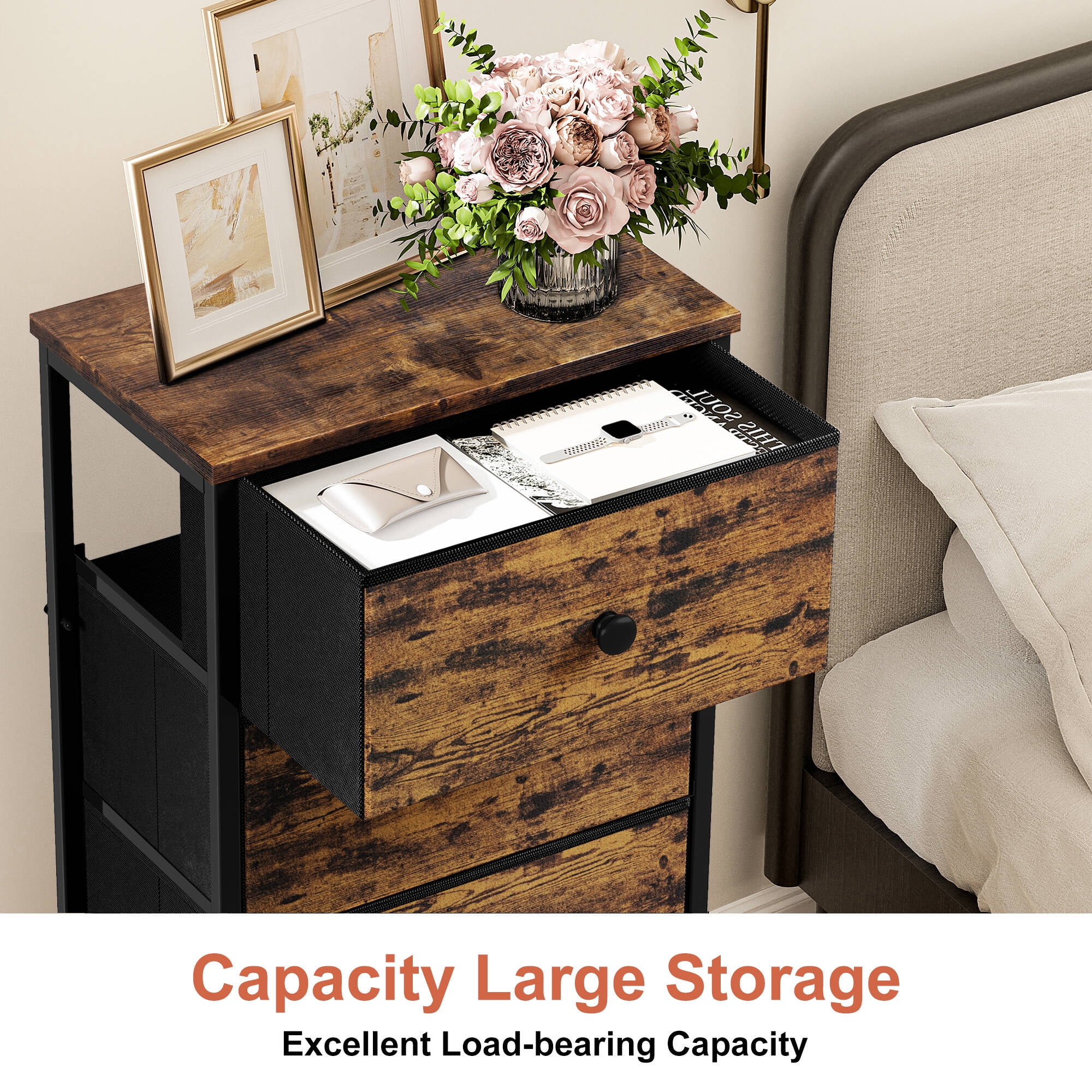 GUNAITO 5 Drawer Dresser for Bedroom Tall Narrow Chest of Drawers Fabric Storage Dresser for Adults,Rustic Brown