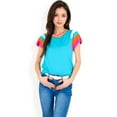 thumbnail image 2 of Women's Colorblock Knit Short Sleeve Top with Bold Striped Sleeves- Teal,Large, 2 of 7