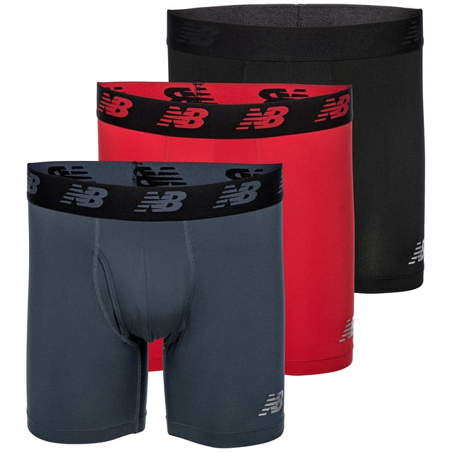 Calzoncillos tipo bóxer New Balance 6 para hombre, paquete de 3, color negro/rojo/azul, talla pequeña